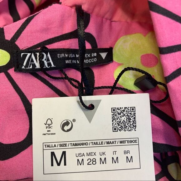 ZARA Fuchsia floral V neck balloon sleeve crop top pink yellow black Sz M NWT - Picture 5 of 8